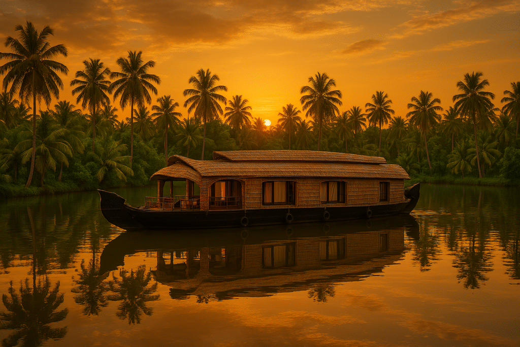 Traditional houseboat floating on Kerala backwaters during sunset surrounded by palm trees.
